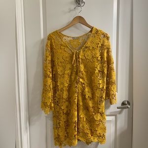 Zara W & B Collection Mustard Yellow Guipure Lace Tie Neckline Dress | Large
